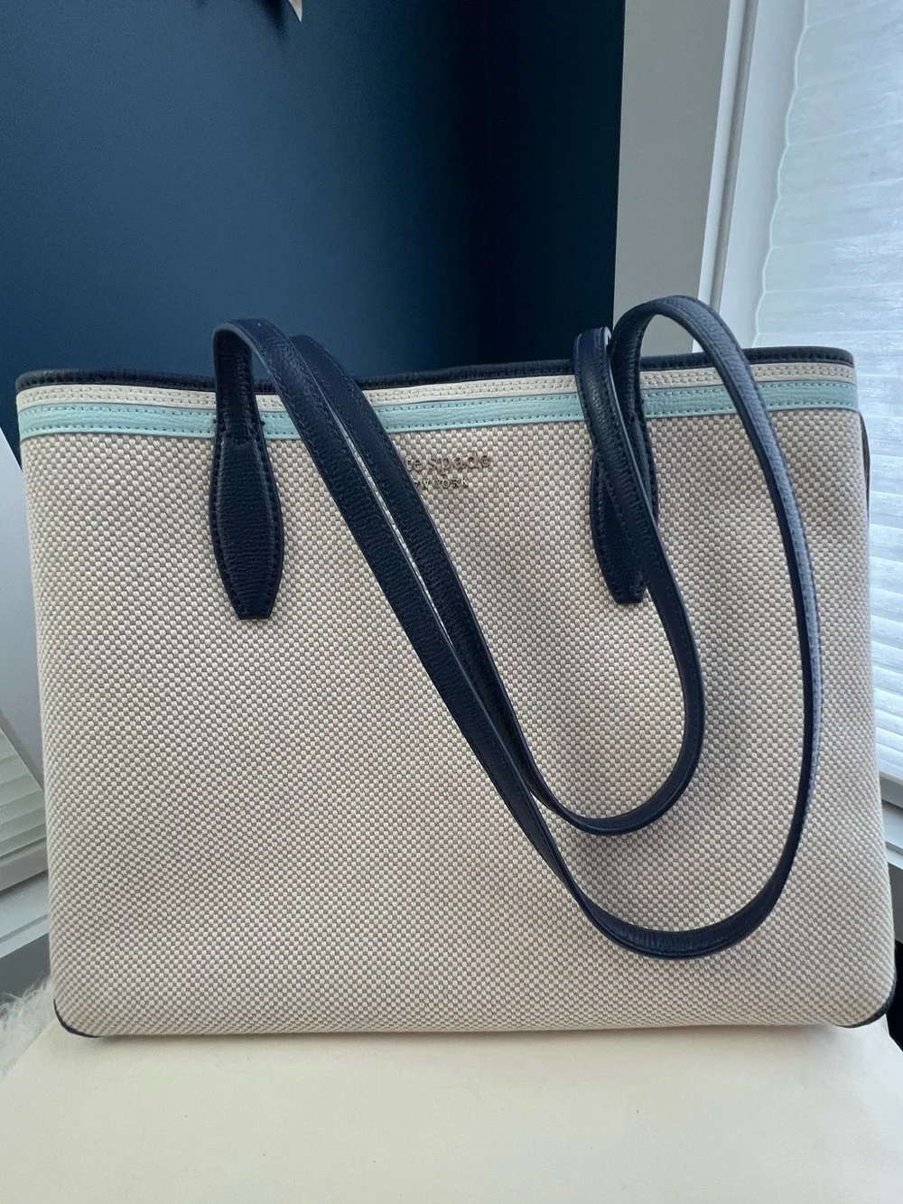 kate spade Cream Canvas Tote with Navy Handles and Aqua Trim